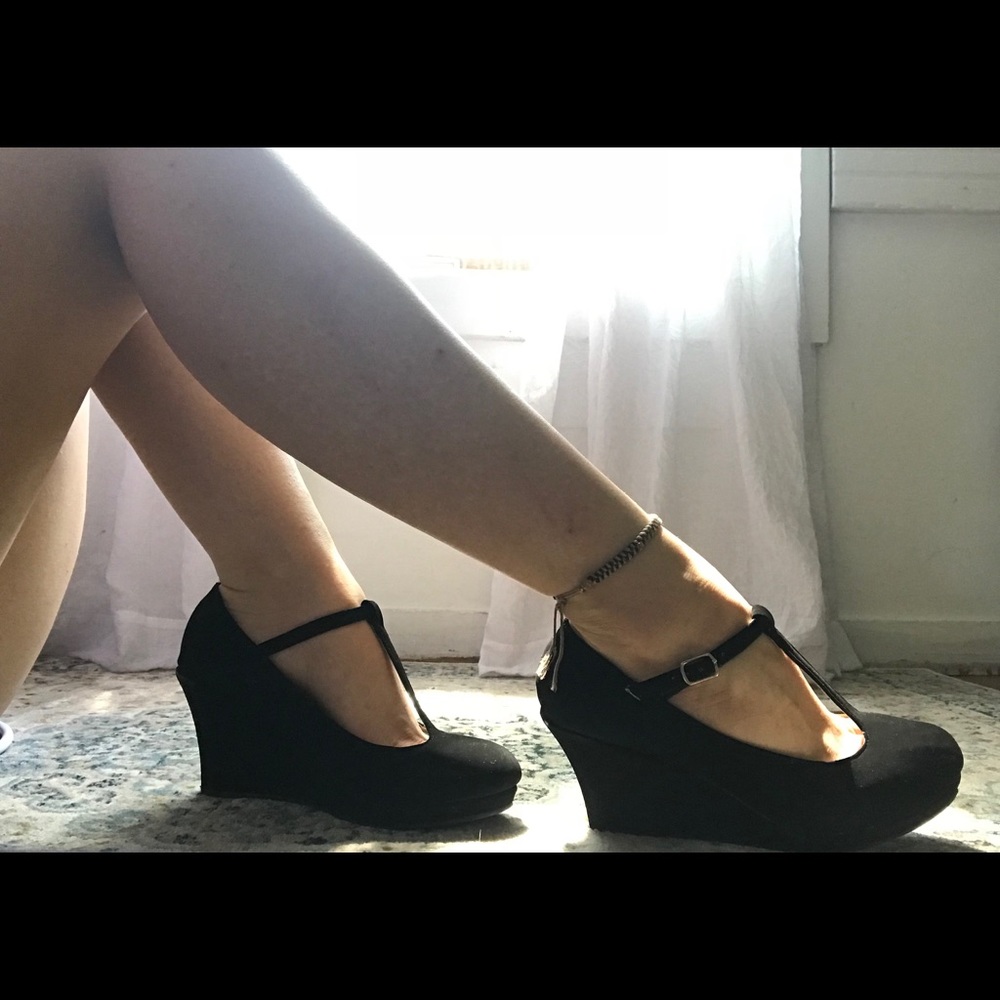 Black suede t-strap wedges